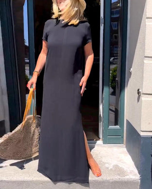 Elegancka sukienka z krótkim rękawem w jednolitym kolorze