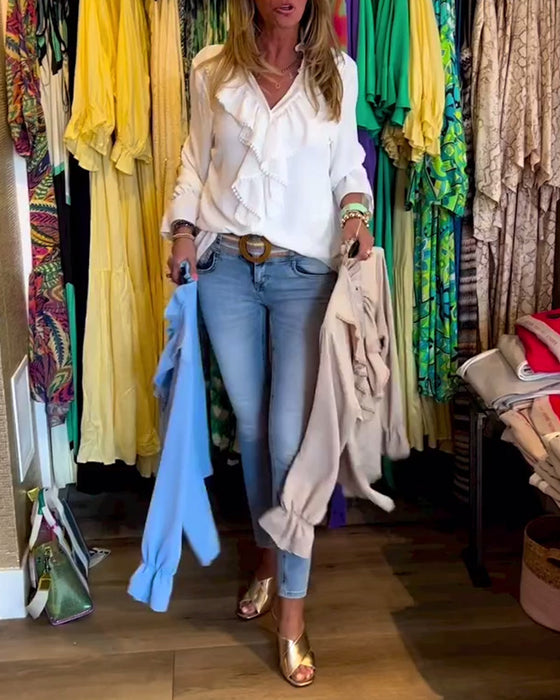 Damskie markowe bluzki z falbaną