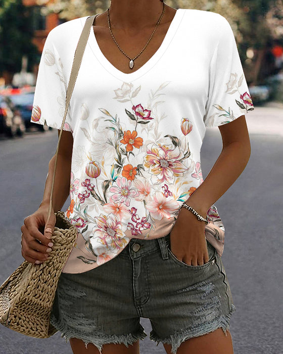 T-Shirt Z Nadrukiem Dekolt W Serek Casual Z Krótkim Rękawem