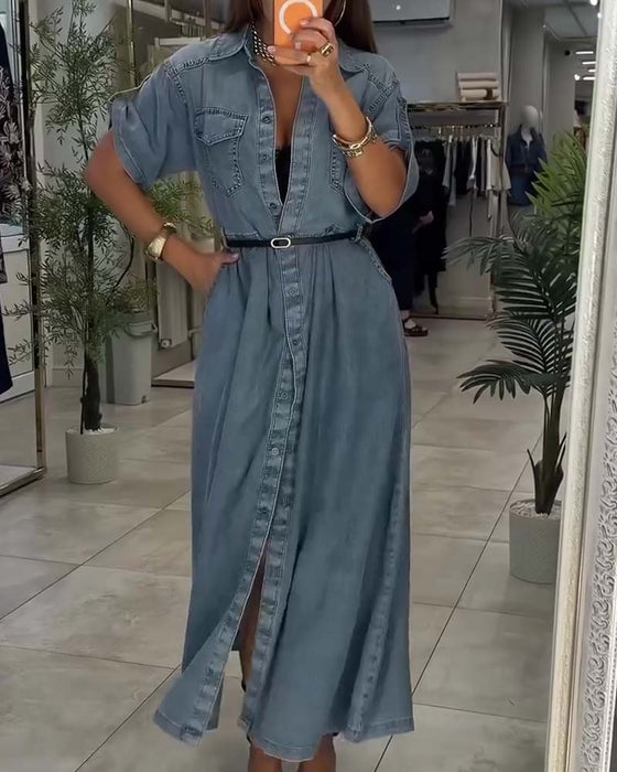 Sukienka Koszula Kołnierz Kieszeń Guzik Denim