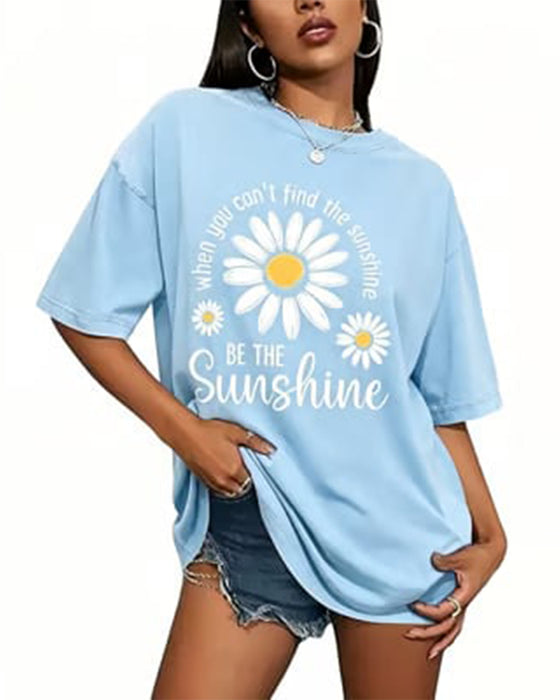 Casual T-Shirt Druk Stokrotka Okrągły Dekolt
