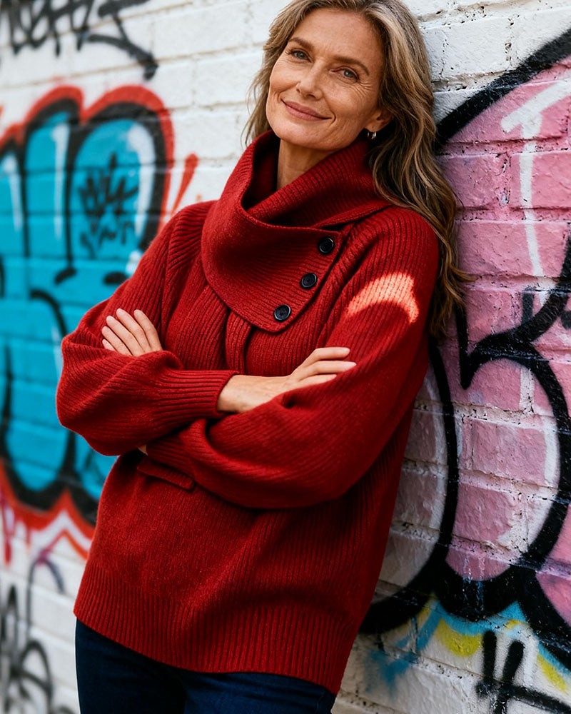 Sweter Kołnierz Szalikowy Modny Jednolity Kolor