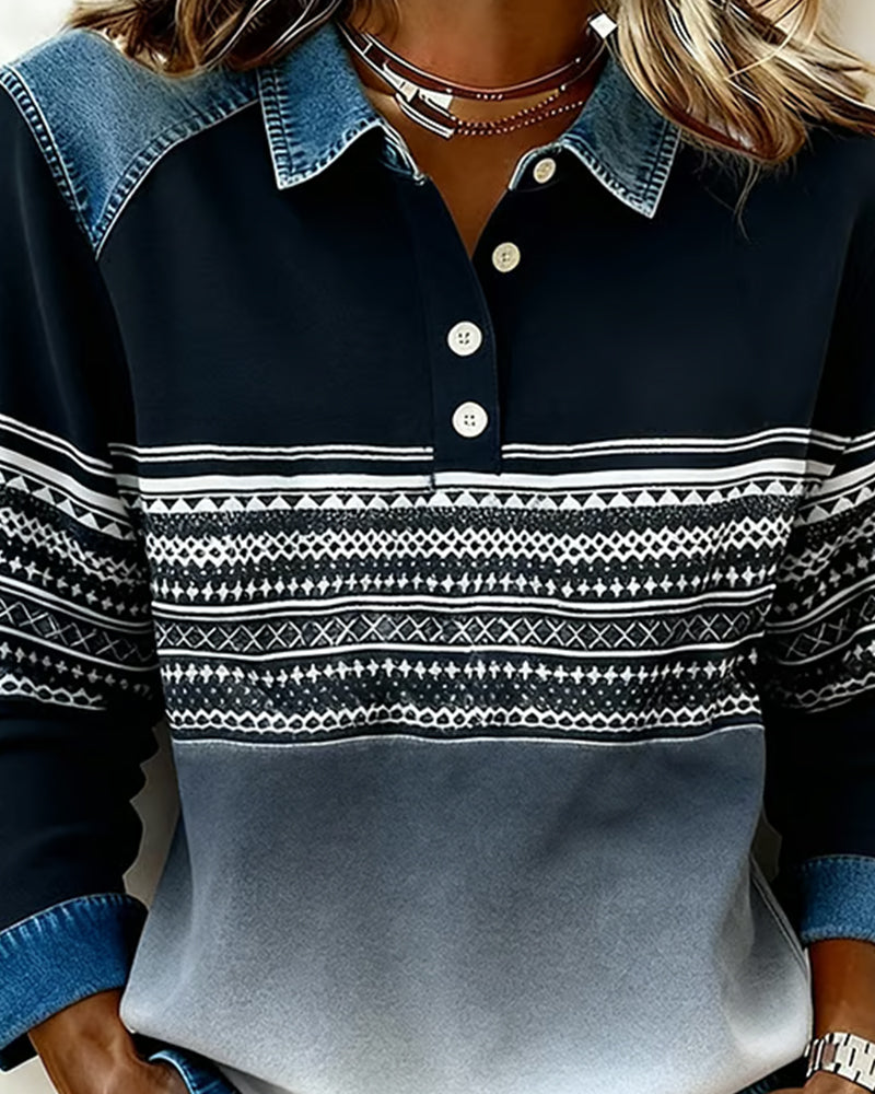 Bluza Z Projektem Kołczunu Lapel Z Przyciskami, Wzorem Pasów I Kolorem Degradowanym