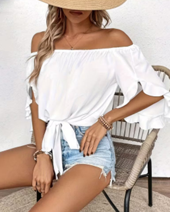 Bluzka Off-Shoulder Kokardka Rozkloszowany Rękaw