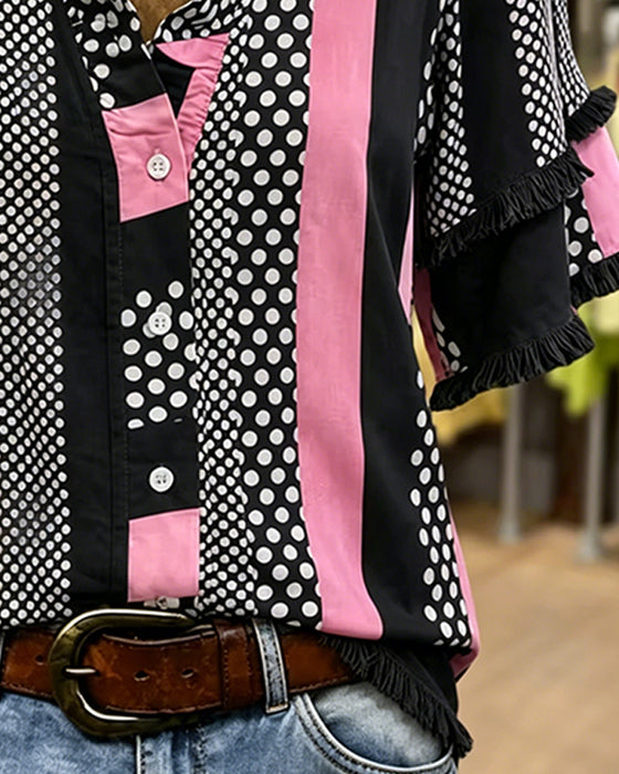 Koszula Kropka Kontrast Patchwork Ruffle