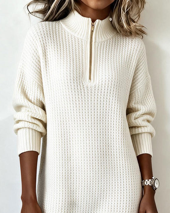 Sukienka Sweter Half-Zip Turtleneck Jednolity Kolor