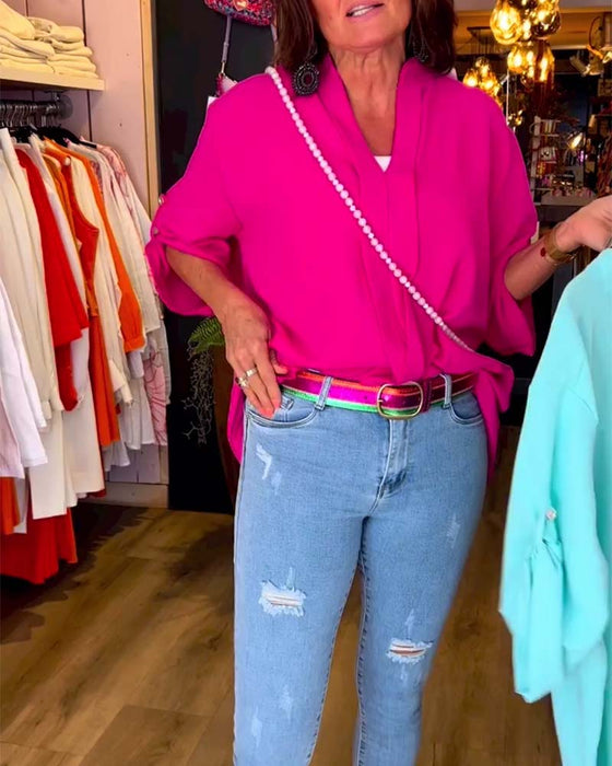 Bluzka w jednolitym kolorze z dekoltem w kształcie litery V i rękawami trzy czwarte