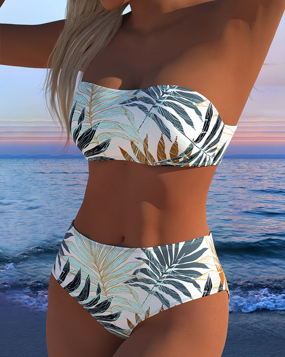 Bikini tropikalny nadruk roślinny bez ramiączek
