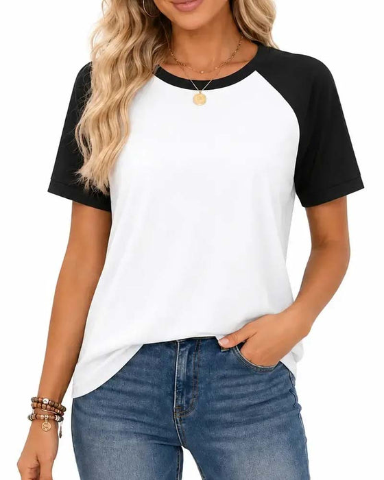 T-Shirt Okrągły Dekolt Blok Kolorów Rękaw Raglan