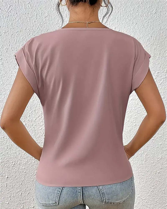 T-shirt z dekoltem w kształcie V Jednolity Kolor Elegancki Krótkie Rękawy