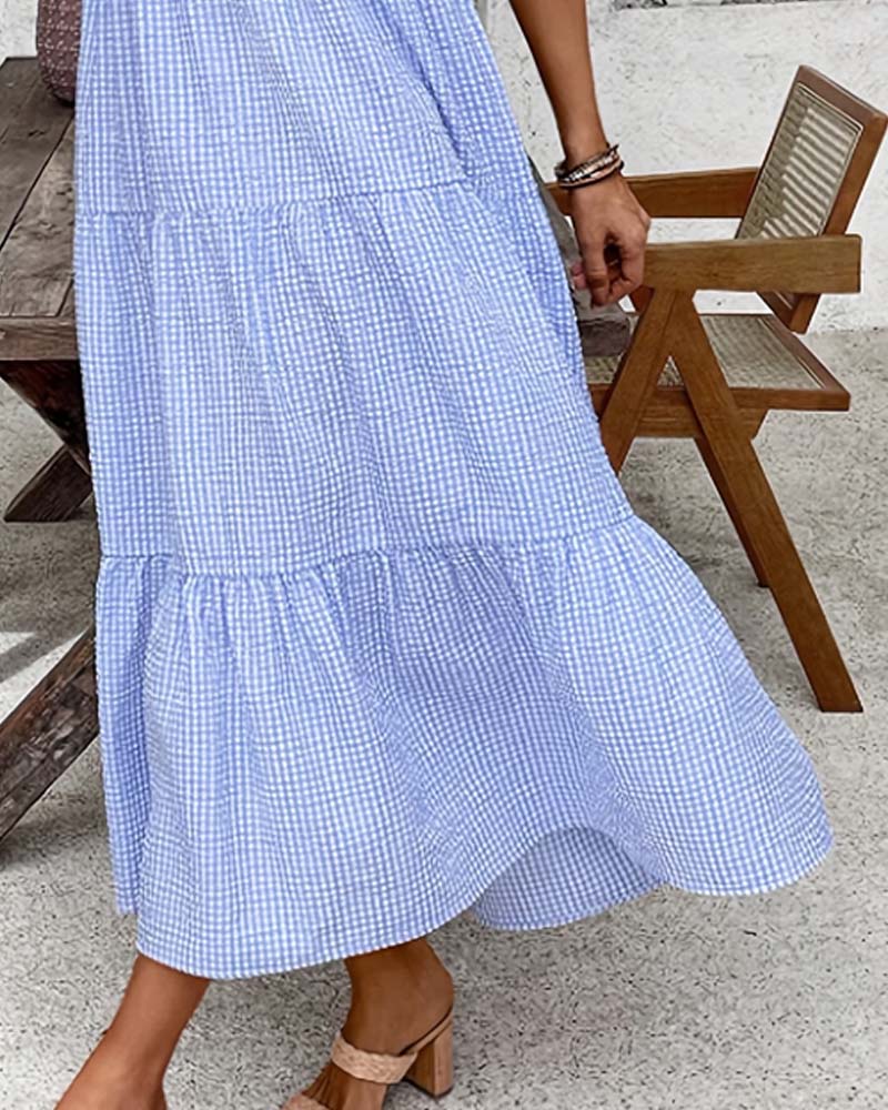 Sukienka Niebieski Biały Gingham V-Szyja