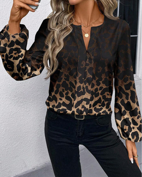 Koszula Bufiasty Rękaw Gradient Leopardzi Print