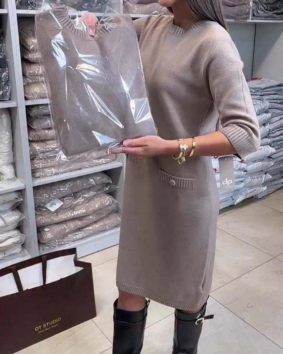 Sweter Sukienka Okrągły Dekolt Długość Do Łokcia Rękaw