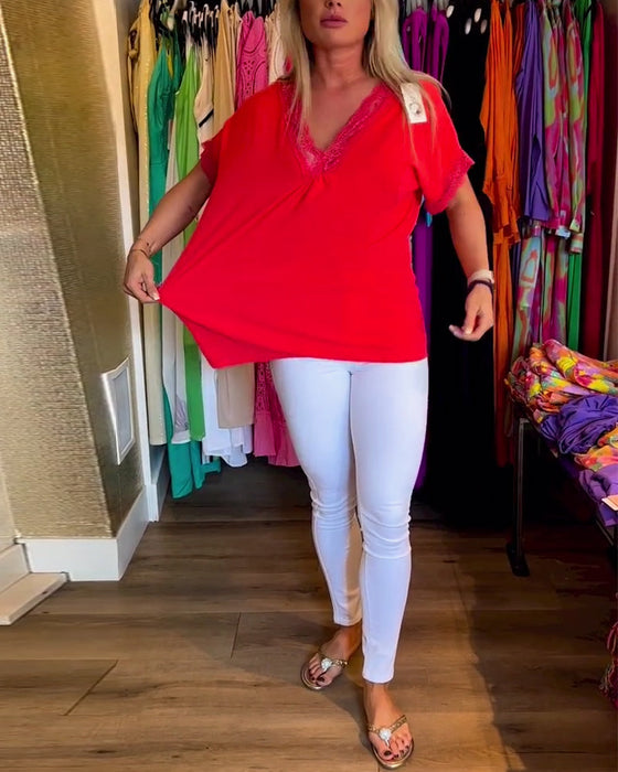 Bluzka w jednolitym kolorze z dekoltem w kształcie litery V