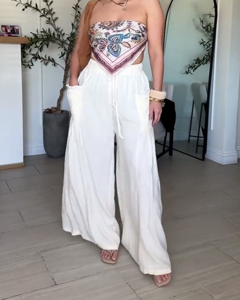 Spodnie Sznurek Plisowana Kieszeń Szeroka Noga