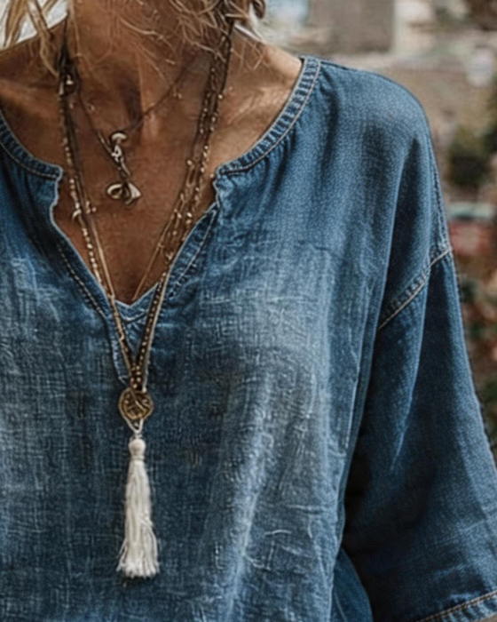 Top Dekolt V Denim Pół Rękaw