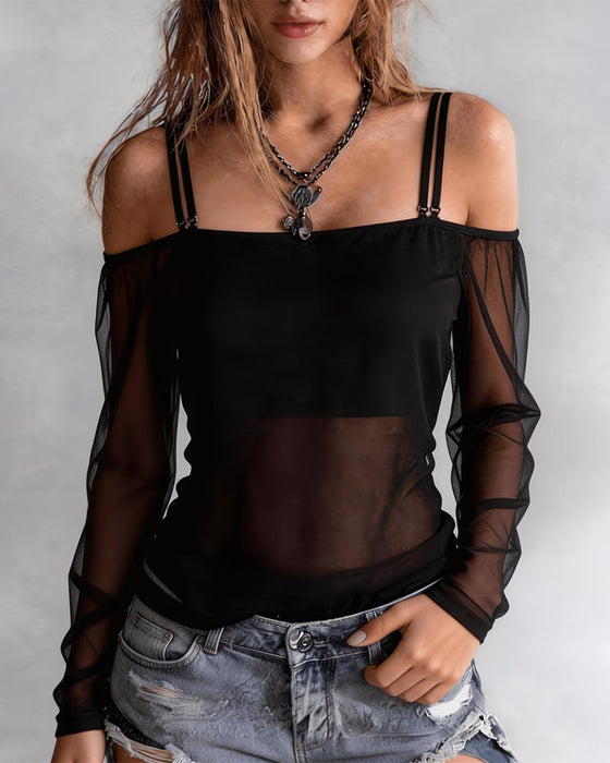 T-Shirt Ramiączko Spaghetti Off-Shoulder Sheer