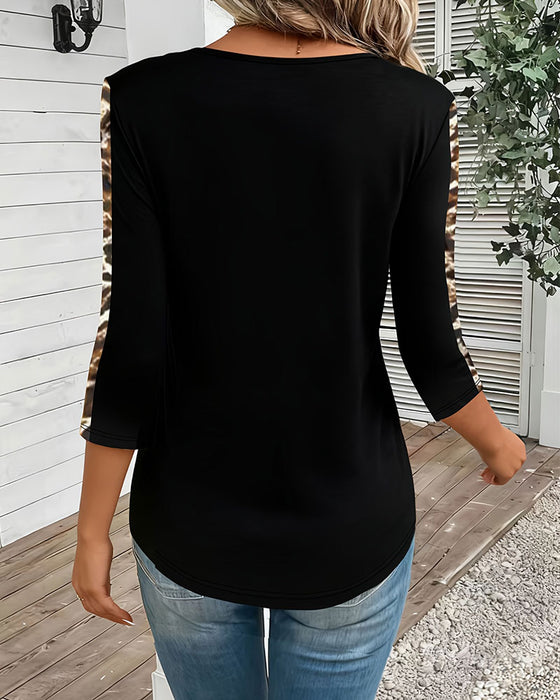 T-Shirt Długi Rękaw Dekolt W Lampart Patchwork