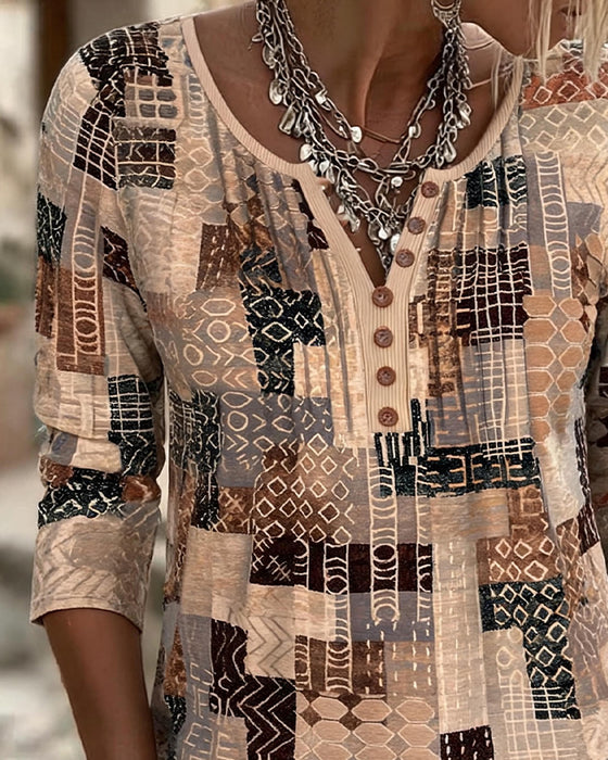 T-Shirt Geometryczny Patchwork Druk Henley