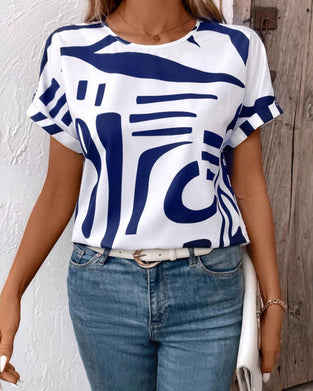 T-Shirt Okrągły Szyj Krótki Rękaw Geometryczny Nadruk