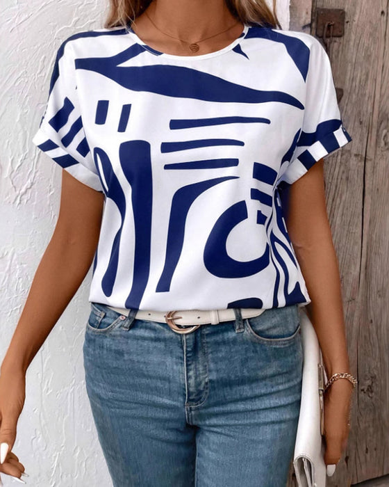 T-Shirt Okrągły Szyj Krótki Rękaw Geometryczny Nadruk