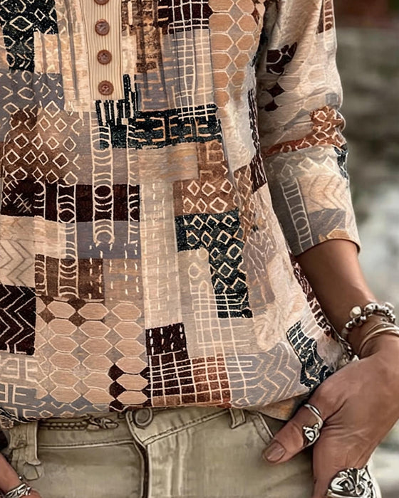 T-Shirt Geometryczny Patchwork Druk Henley