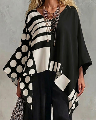 Bluzka Polka Dot Pasek Patchwork V Szyja