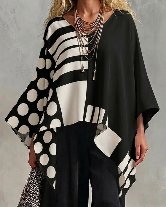 Bluzka Polka Dot Pasek Patchwork V Szyja