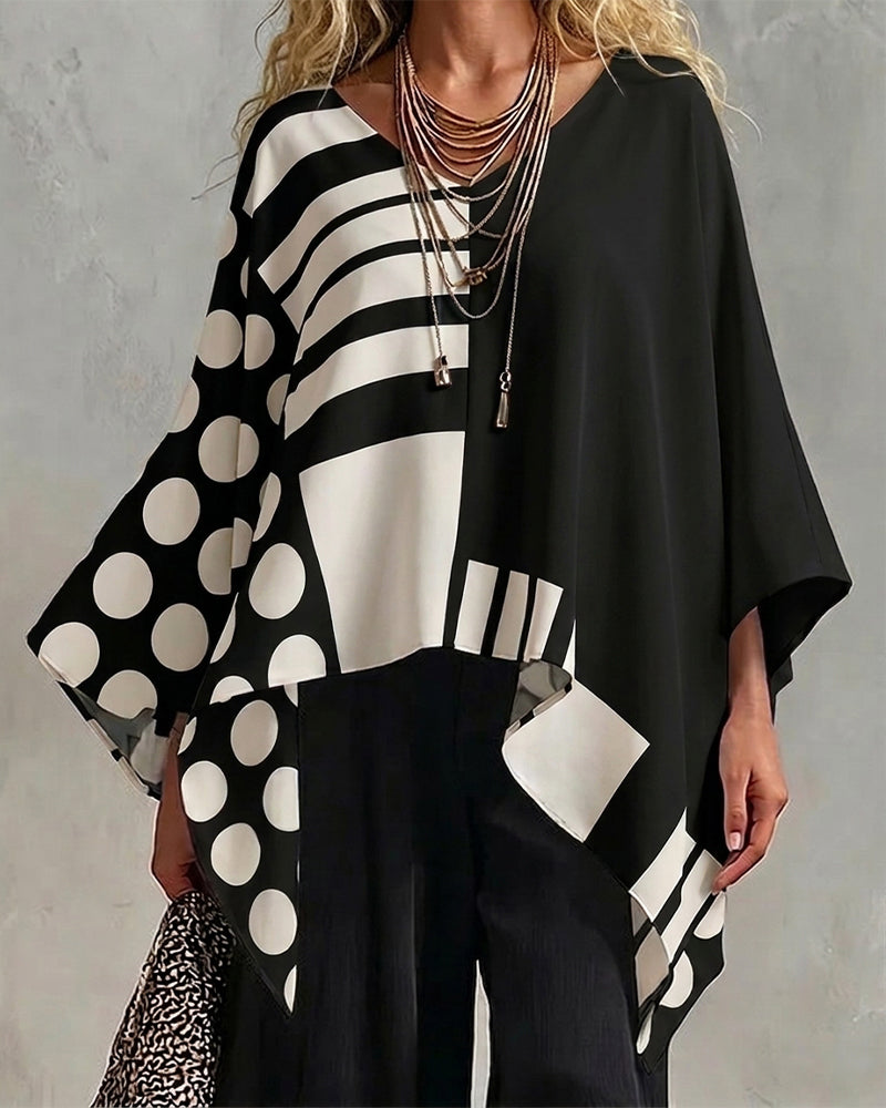 Bluzka Polka Dot Pasek Patchwork V Szyja