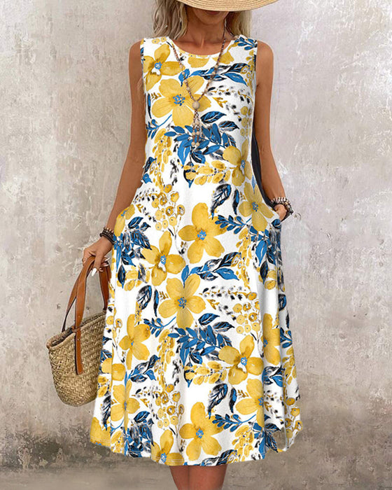 Sukienka bez rękawów z kwiatowym nadrukiem i kieszenią