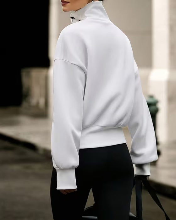Sweatshirt Kołnierz Mock Zamek Błyskawiczny Opadające Ramiona Luźny