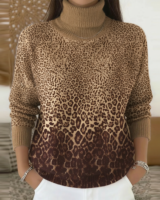 Sweter Print Leopardzi Casual Wysoki Kołnierz
