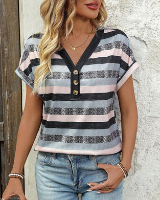 T-Shirt Dekolt V Trzy Guziki W Paski