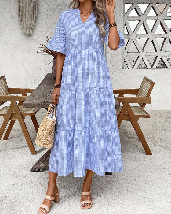 Sukienka Niebieski Biały Gingham V-Szyja