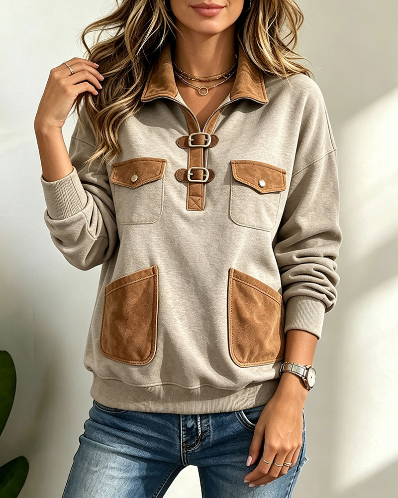 Bluza Zamsz Patchwork Kieszeń