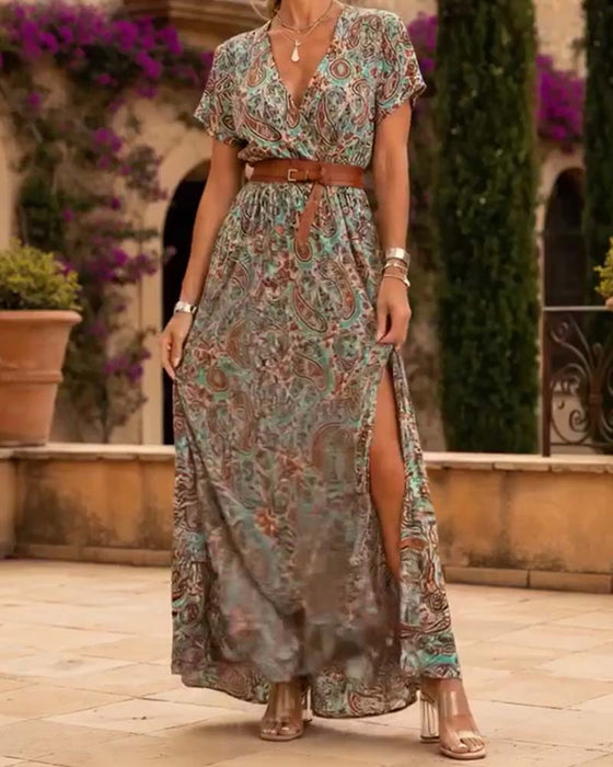 Sukienka Dekolt W Vintage Paisley Rozcięcie Długa