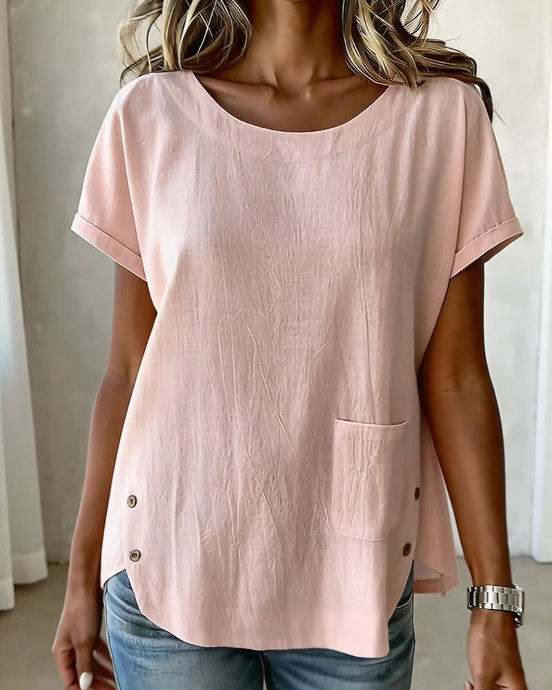 T-Shirt Bawełna Len Guzik Detal Krótki Rękaw