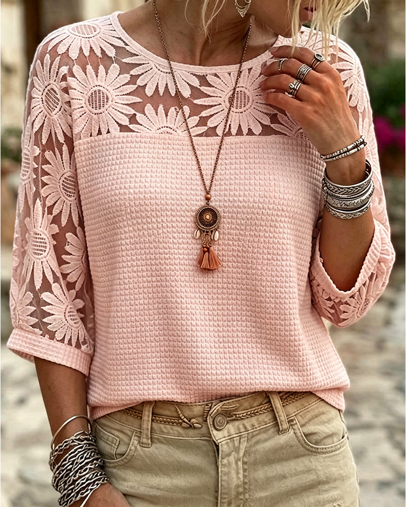 T-Shirt Okrągły Dekolt Koronka Wafel Patchwork