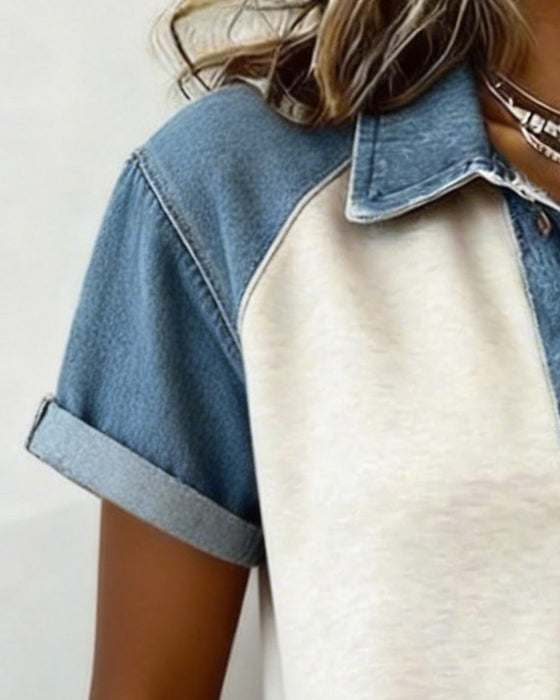 T-Shirt Denim Kolor Blok Krótki Rękaw