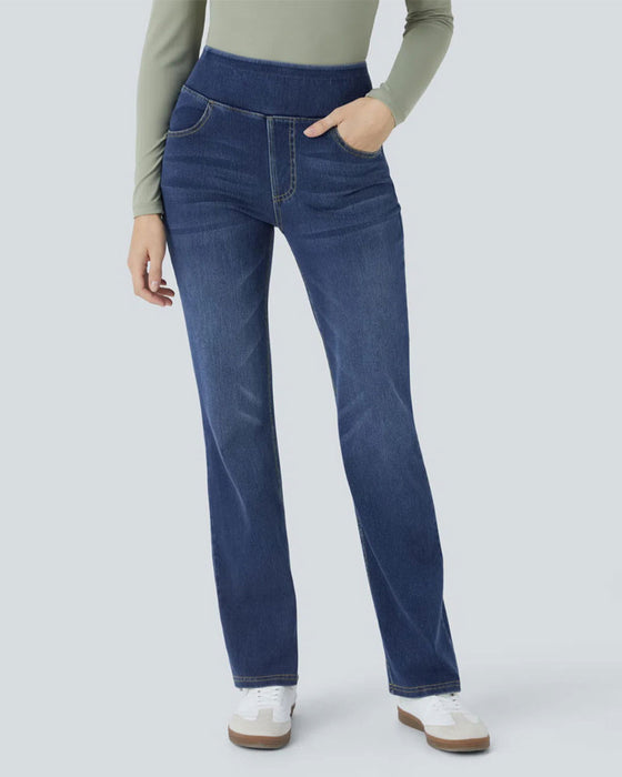 Spodnie Wysoki Stan Denim Kieszeń Dzwony