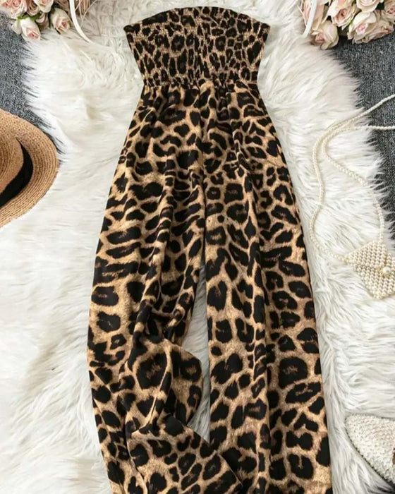 Jumpsuit Bez Ramiączek Lampart Druk Szeroka Noga Przepasujący