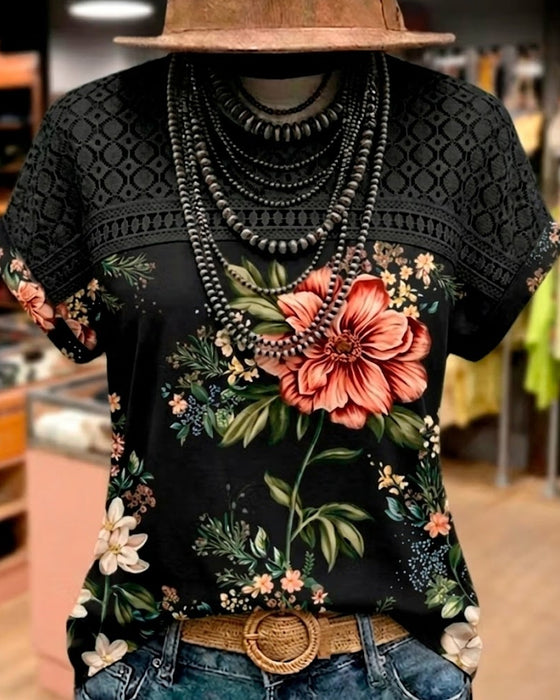 T-Shirt Z Wycięciem Patchwork Krótki Rękaw