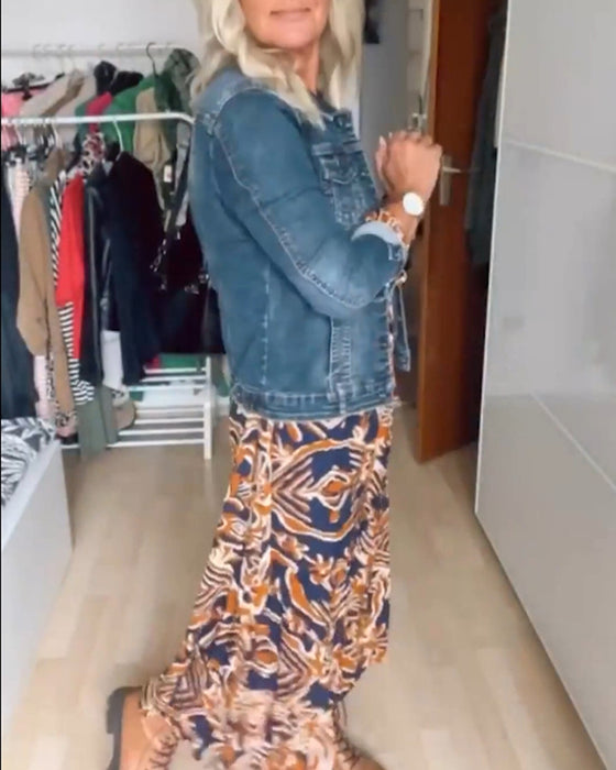 Luźny płaszcz dżinsowy z długim rękawem