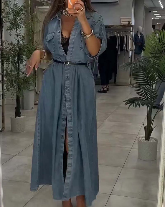 Sukienka Koszula Kołnierz Kieszeń Guzik Denim