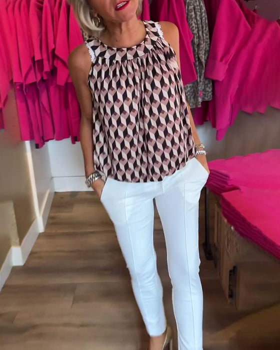 Bluzka bez rękawów z nadrukiem w romby i okrągłym dekoltem