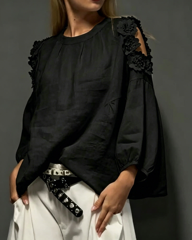Bluzy Okrągły Dekolt Wycięcie Off-Shoulder 3D Kwiatowy