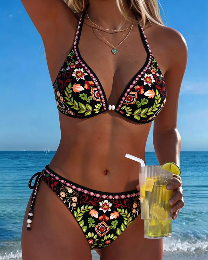 Bikini W Stylu Etnicznym Kwiatowe Wiązane Na Szyi Dwuczęściowe