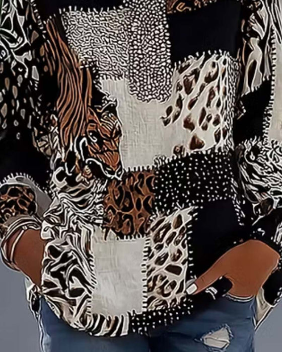Bluzka Mandarynka Kołnierz Lampart Patchwork