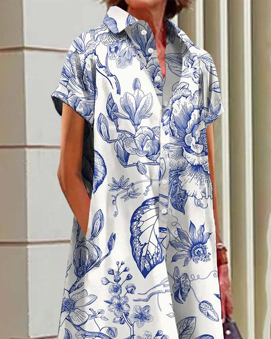 Elegancka sukienka z nadrukiem i kieszeniami