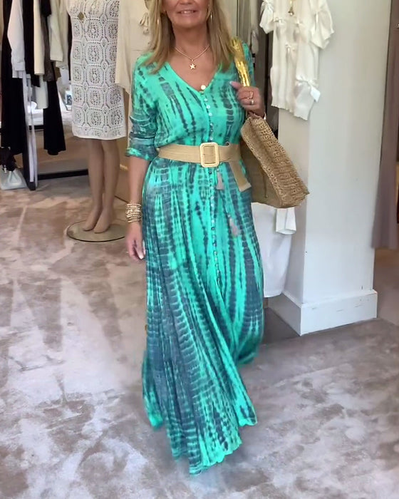 Zapinana na guziki sukienka maxi z nadrukiem i dekoltem w kształcie litery V